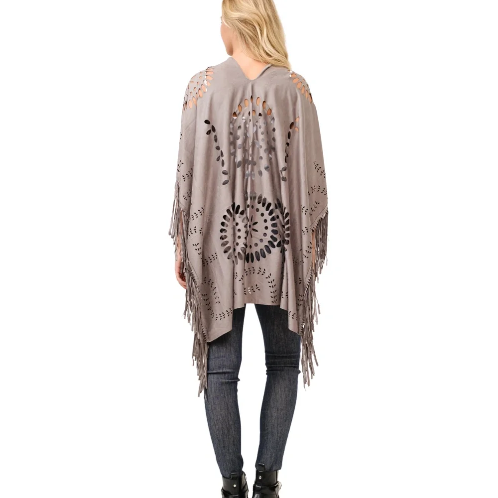 Mauve Faux Suede Western Style Poncho Ruana Cut Outs One Size Fringe (Copy) - Picture 2 of 5